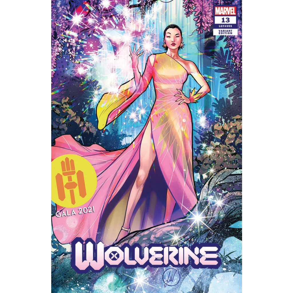 Comic book cover featuring a woman in a flowing gown with a high slit from Marvel Wolverine #13 Gala Edition