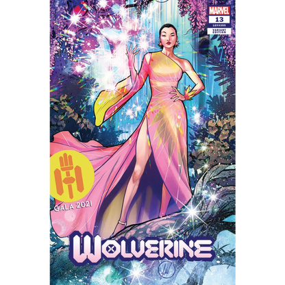 Comic book cover featuring a woman in a flowing gown with a high slit from Marvel Wolverine #13 Gala Edition