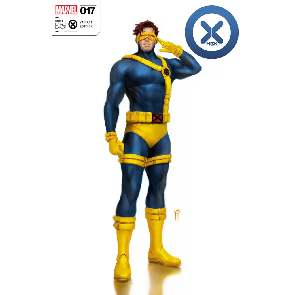 Comic book cover with Classic Cyclops in blue and yellow costume from Marvel X-Men #017 Variant Edition