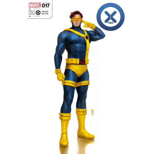 Comic book cover with Classic Cyclops in blue and yellow costume from Marvel X-Men #017 Variant Edition
