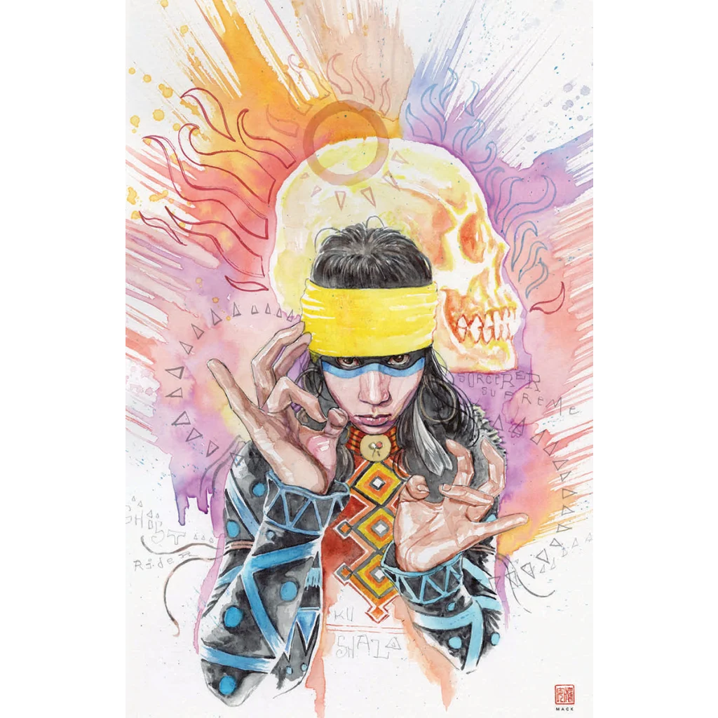 Marvels Voices Indigenous comic book art with person, skull, sun, and vibrant watercolor style