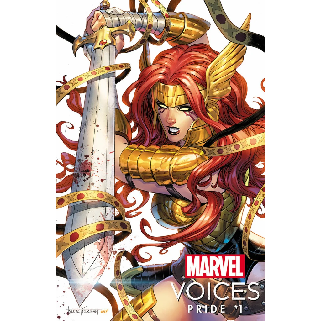 Marvels Voices Pride comic cover with red-haired warrior in golden armor holding a blood-splattered sword
