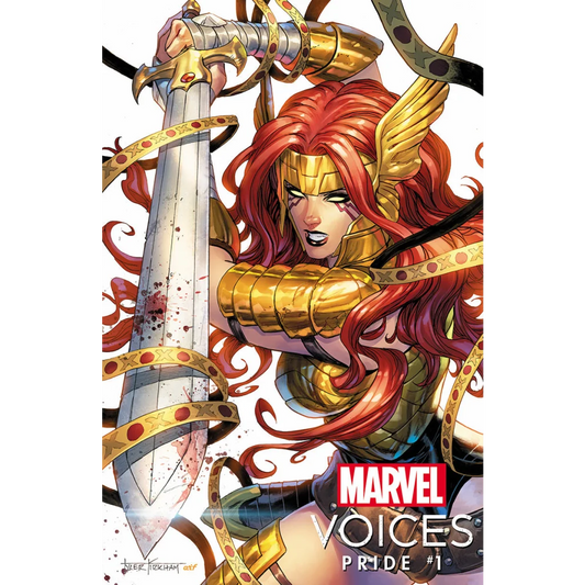 Marvels Voices Pride comic cover with red-haired warrior in golden armor holding a blood-splattered sword