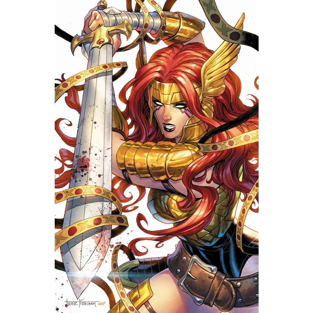 Marvels Voices Pride comic featuring a fierce red-headed warrior woman in golden armor