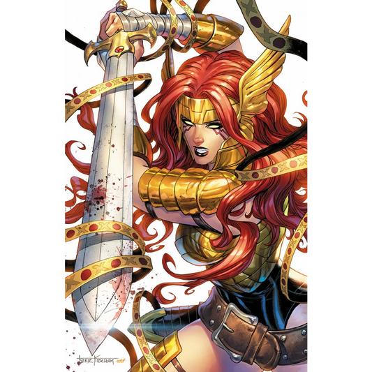 Marvels Voices Pride comic featuring a fierce red-headed warrior woman in golden armor