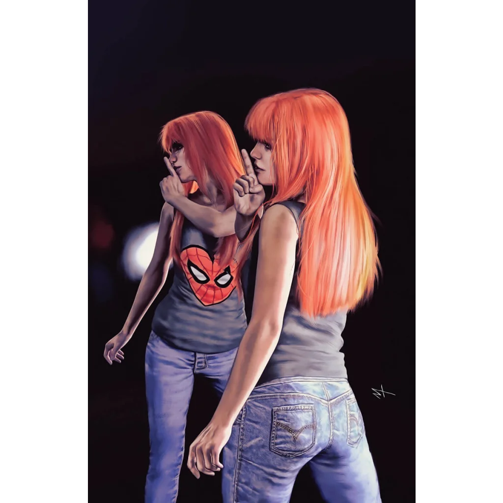 Mary Jane with long orange hair wearing gray tank top with Spider-Man emblem for Black Cat Marco Turini Exclusive