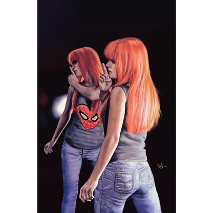 Mary Jane with long orange hair wearing gray tank top with Spider-Man emblem for Black Cat Marco Turini Exclusive
