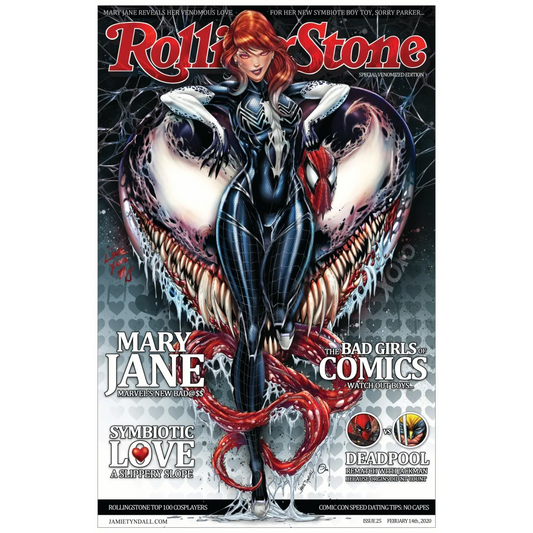 Mary Jane Watson in black and white symbiote suit defies Venom on brushed aluminum print