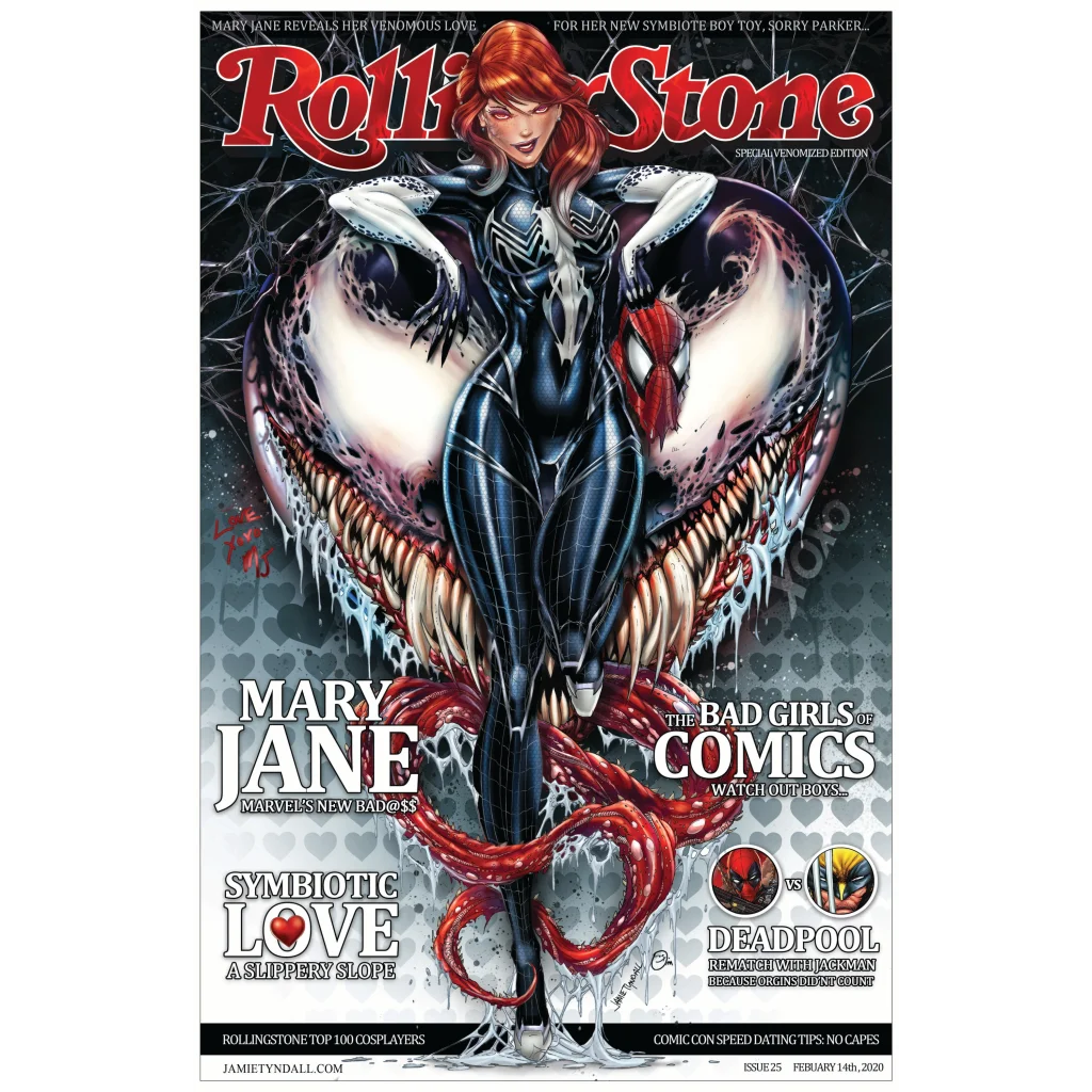 Mary Jane Watson in symbiote suit facing Venom on brushed aluminum wall art