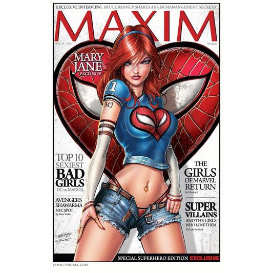 Mary Jane Watson in blue cropped top with Spider-Man emblem on brushed aluminum print