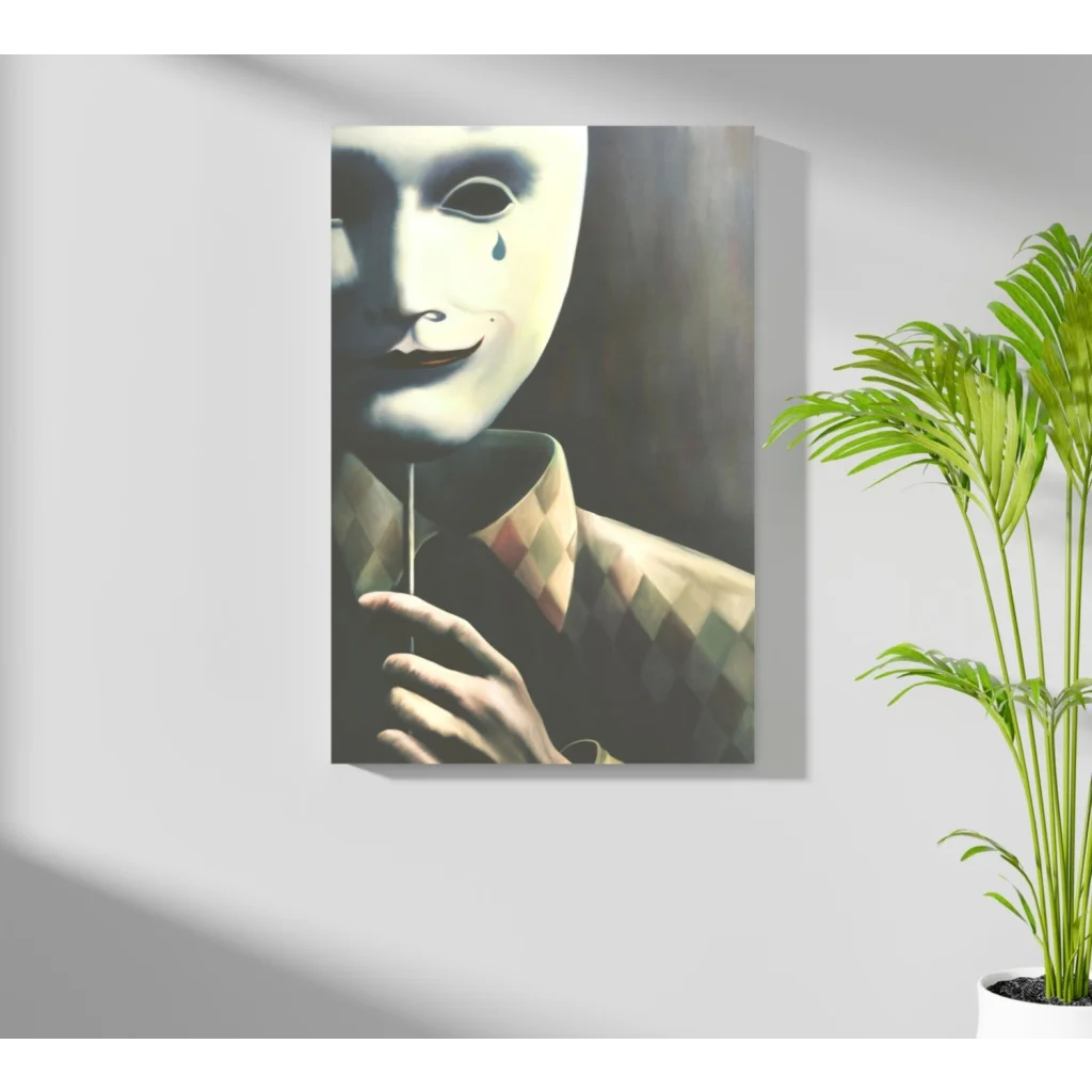 Man in arched shirt holding torn mask, insigne aluminum prints modern art