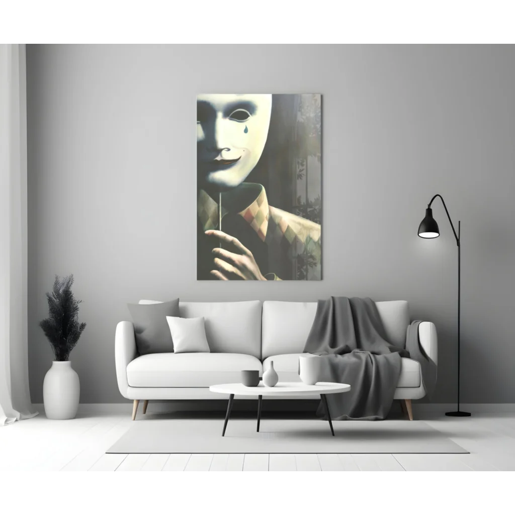 Striking black-and-white tearful mask wall art canvas print above sofa