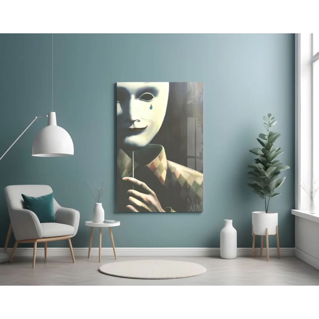 Striking masked figure in argyle shirt, black-and-white wall art on teal wall