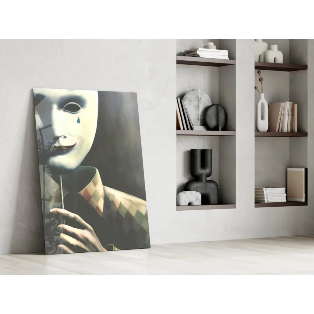 Striking masked figure in argyle shirt on black-and-white wall art canvas print
