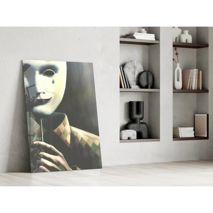 Striking masked figure in argyle shirt on black-and-white wall art canvas print
