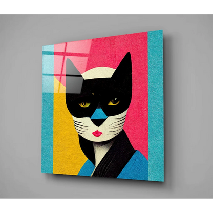 Vibrant Pop Art Cat Canvas with Cracked Glass Wall Art Finish | Glass Wall Art Print | vintageantiquesgifts.com