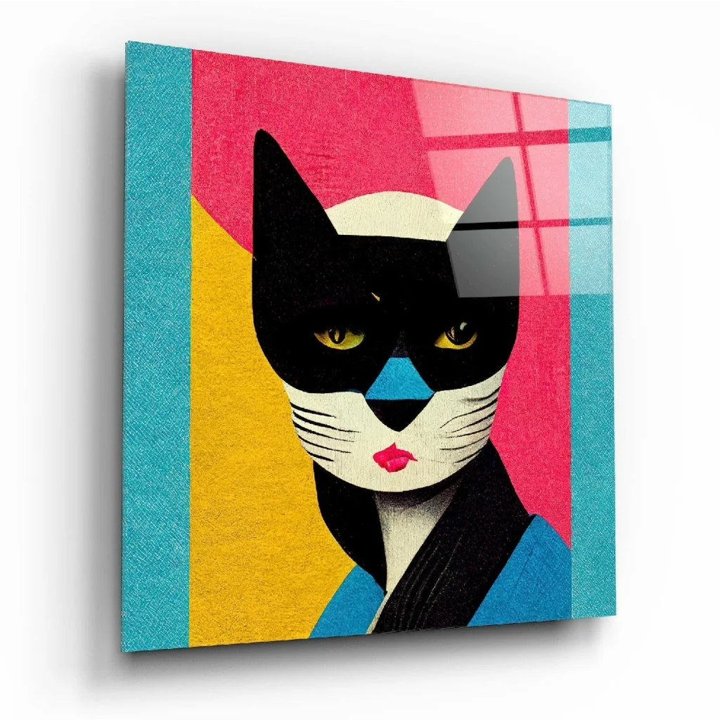 Vibrant Pop Art Cat Canvas with Cracked Glass Wall Art Finish | Insigneart USA | vintageantiquesgifts.com
