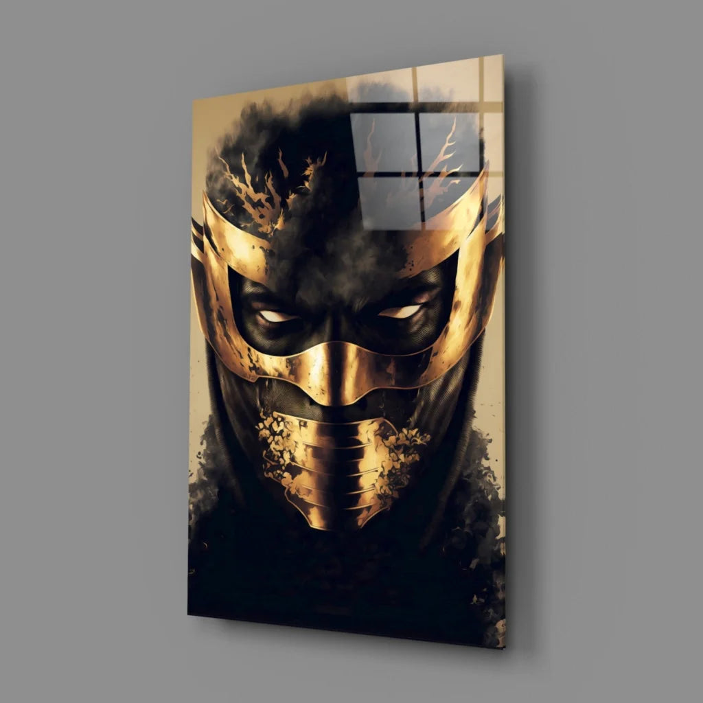 Golden warrior glass wall art with masked portrait