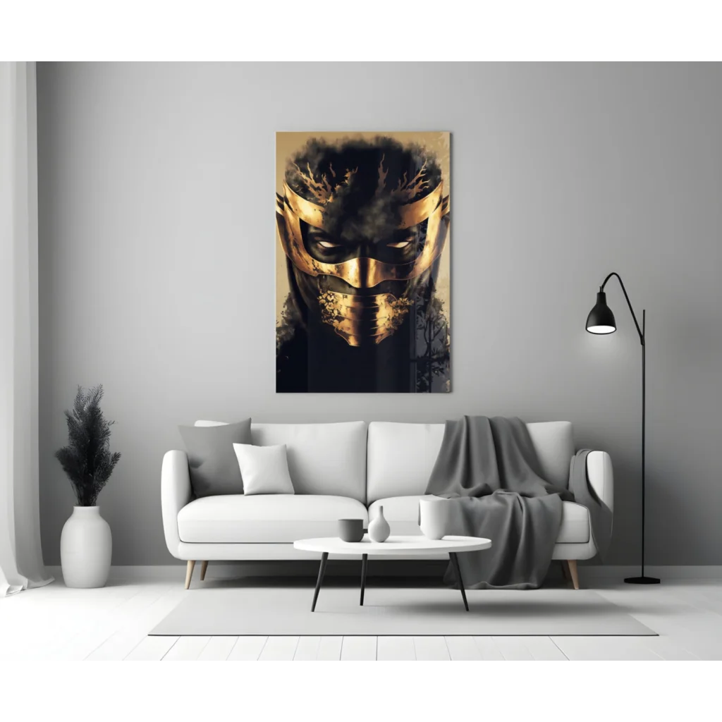 Golden warrior glass wall art with striking gold black armored mask