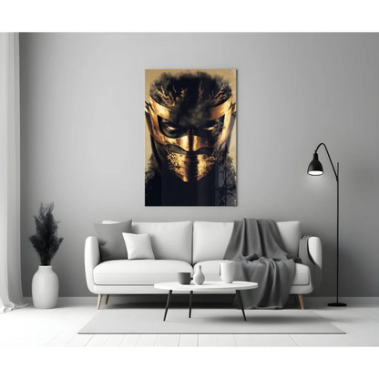 Golden warrior glass wall art with striking gold black armored mask