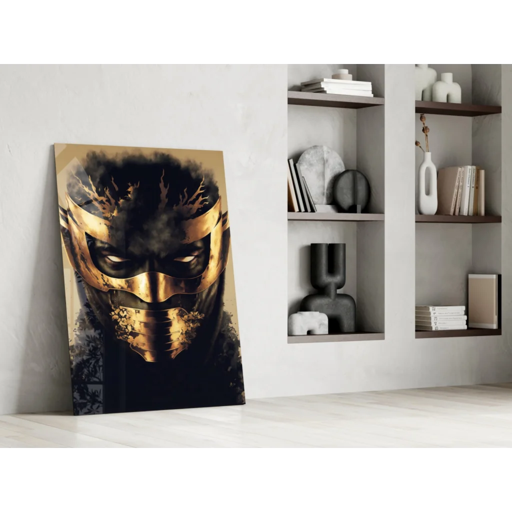 Golden warrior glass wall art with metallic mask on canvas against white wall
