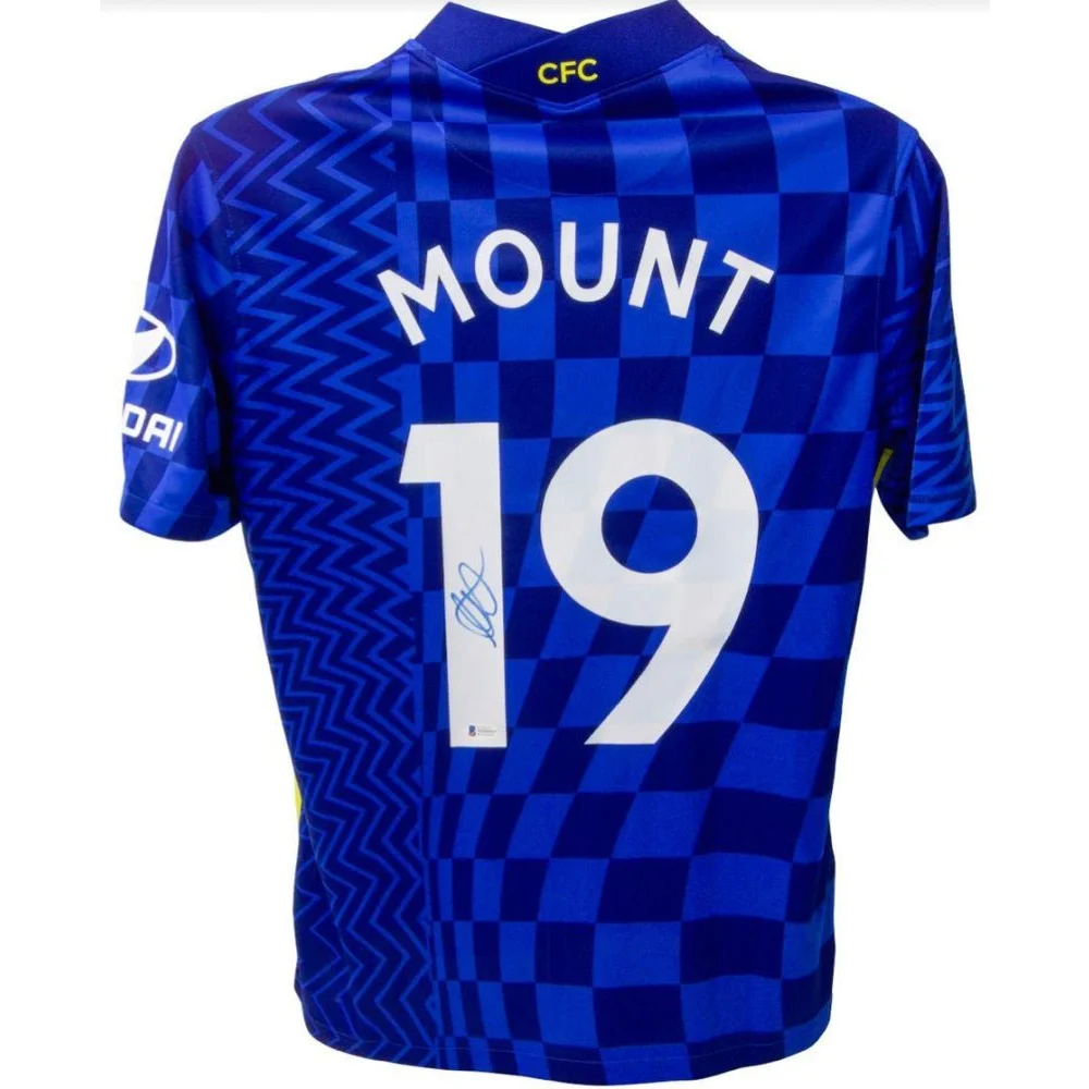 Blue Mason Mount signed Chelsea Football Club jersey with checkerboard pattern and number 19