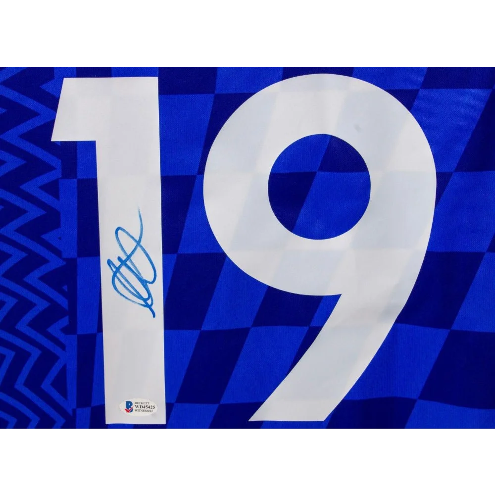 Autographed Mason Mount Chelsea Football Club jersey with number 19, signed by Mason Mount