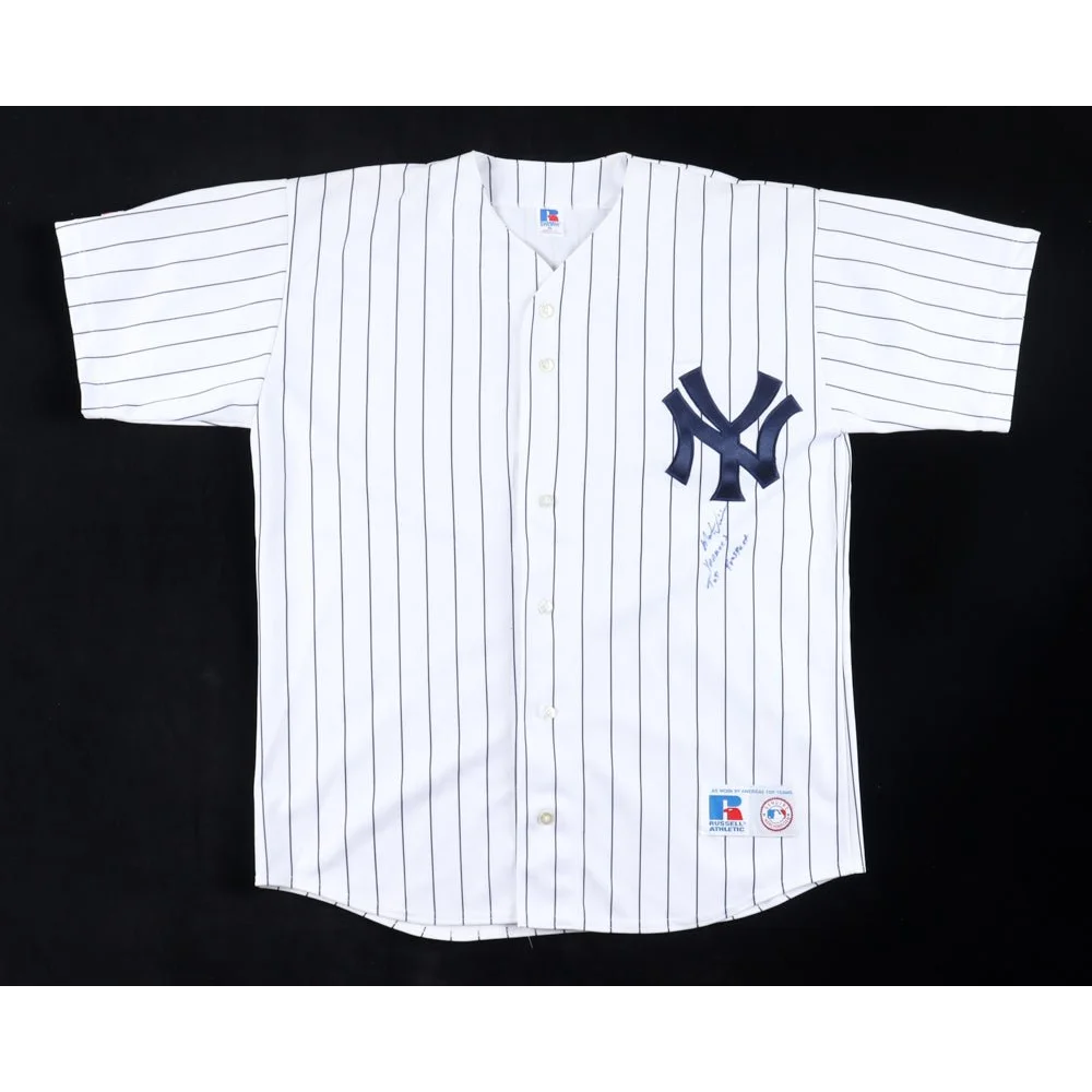 White pinstriped Mason Williams signed Yankees jersey with navy NY logo for baseball fans