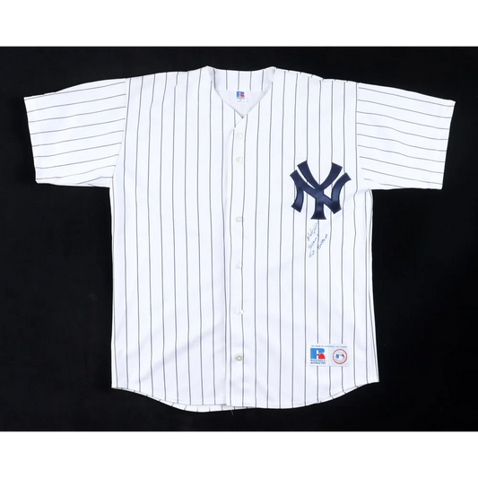 White pinstriped Mason Williams signed Yankees jersey with navy NY logo for baseball fans