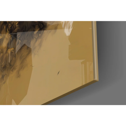 Ninja glass wall art with glossy gold finish and swirling brushstrokes