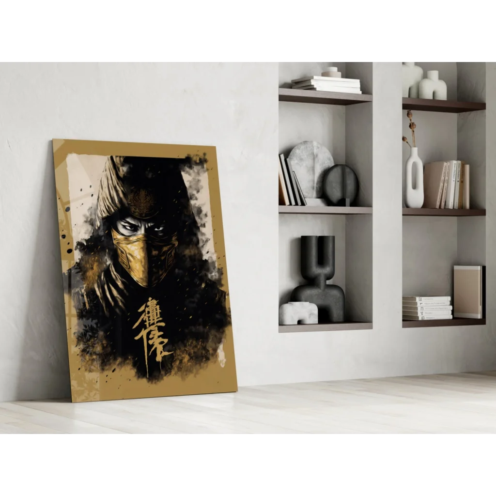 Stylized ninja glass wall art with gold accents and Chinese calligraphy