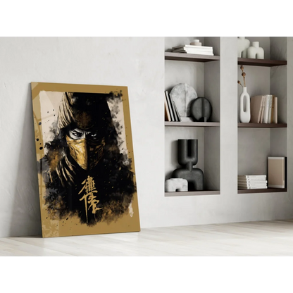 Stylized ninja glass wall art with gold accents and Chinese calligraphy