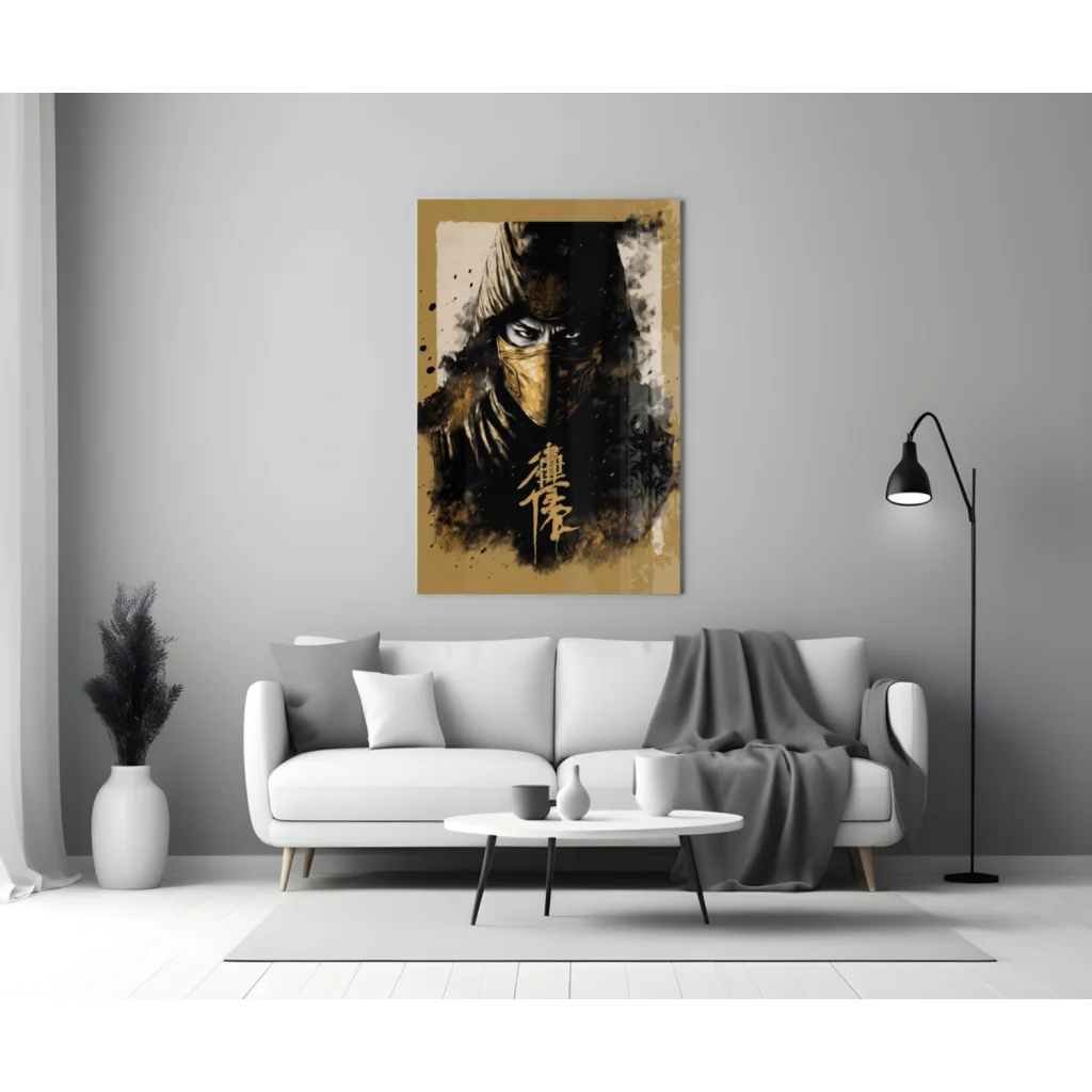 Framed ninja glass wall art with gold accents and chinese calligraphy