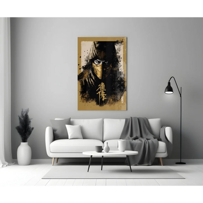 Framed ninja glass wall art with gold accents and chinese calligraphy