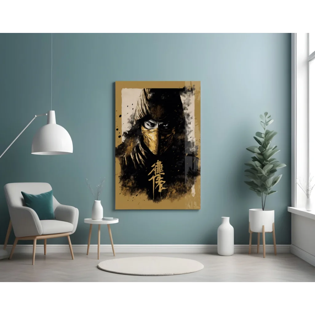 Stylized ninja glass wall art with gold accents and ink splatters