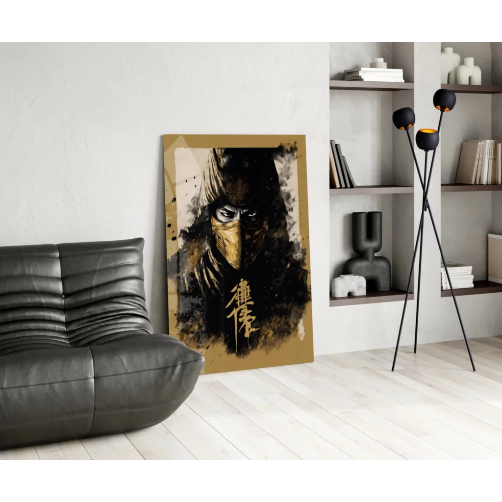 Stylized ninja glass wall art with gold accents and ink splatters
