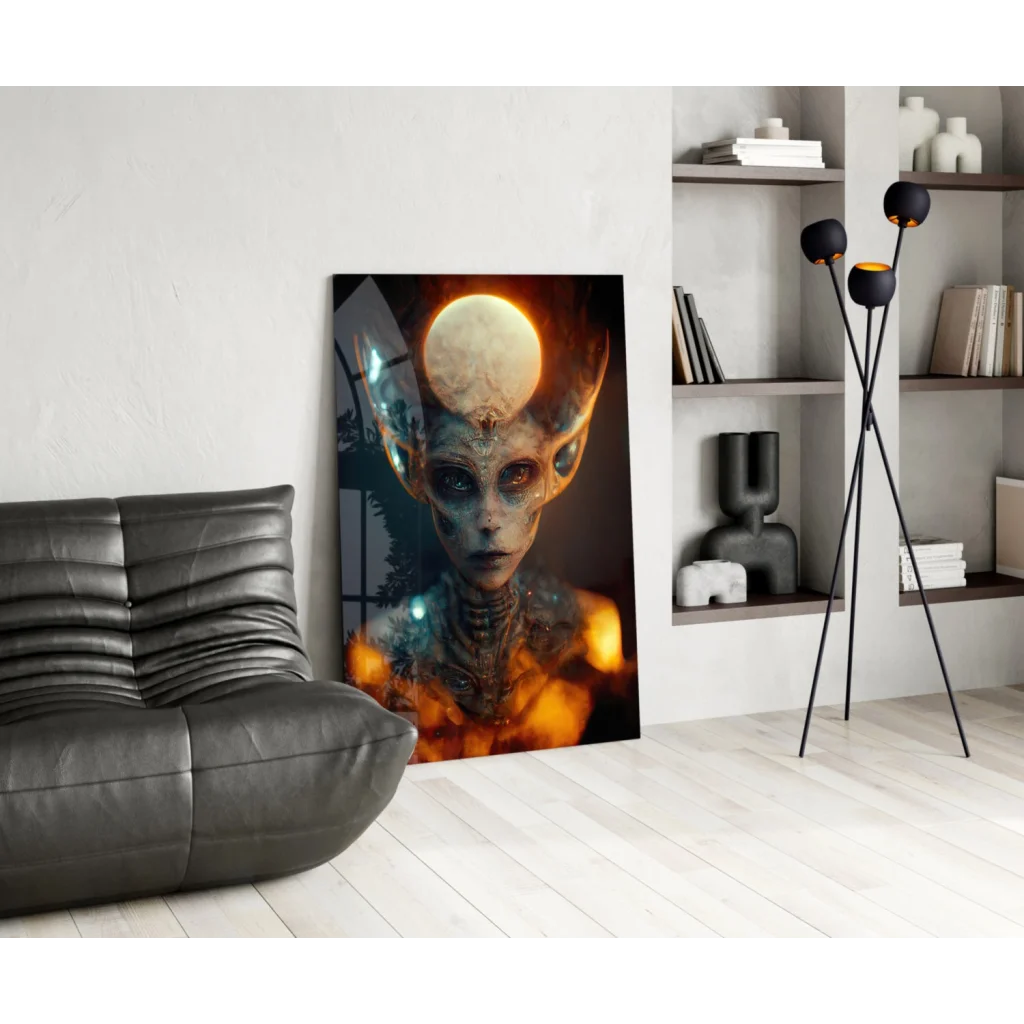 Glowing alien biomechanical wall art canvas print with orange blue accents
