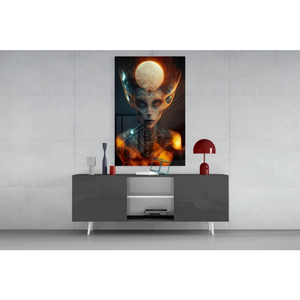 Glowing biomechanical alien wall art canvas in orange black tones