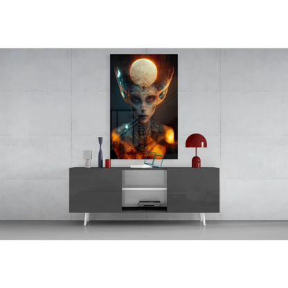 Glowing biomechanical alien wall art canvas in orange black tones