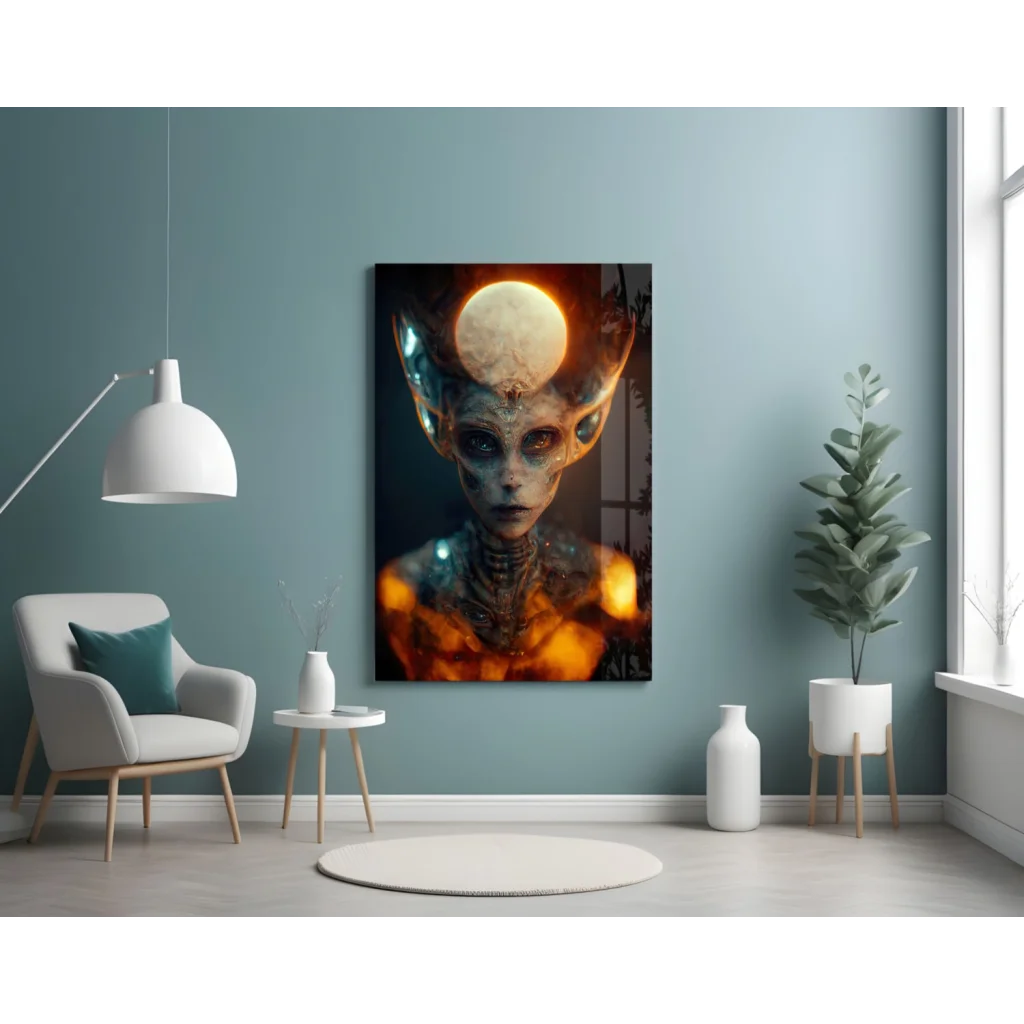 Futuristic glowing alien wall art canvas with orange blue accents