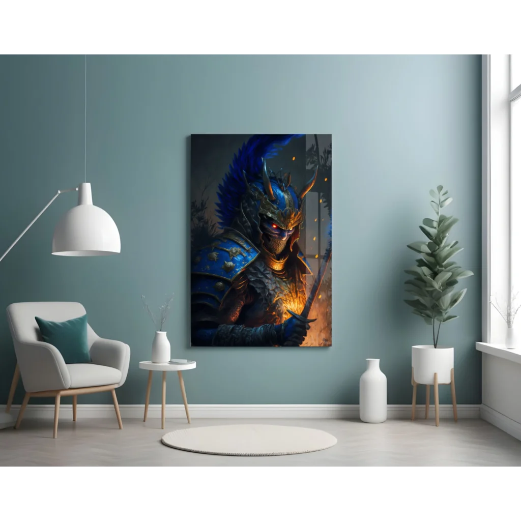 Epic Blue Warrior Glass Wall Art With Glowing Red Eyes | Contemporary Home Wall Art | vintageantiquesgifts.com