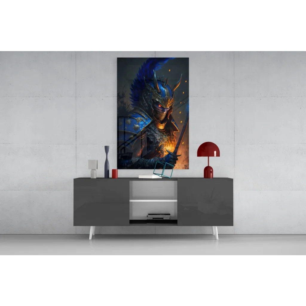 Vibrant blue warrior glass wall art with glowing red eyes on gray console