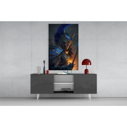 Vibrant blue warrior glass wall art with glowing red eyes on gray console