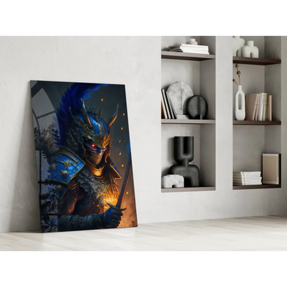 Epic blue warrior glass wall art with glowing red eyes