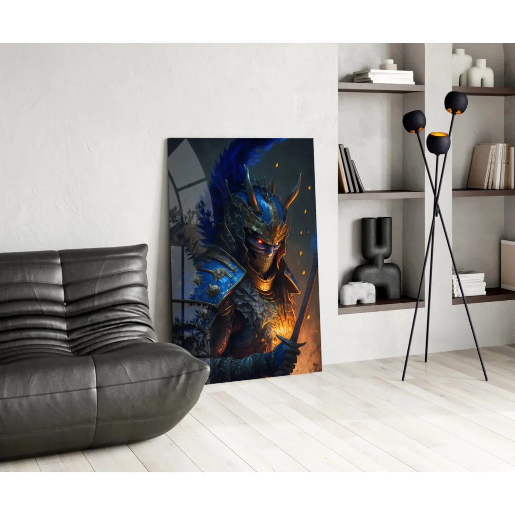 Epic blue warrior glass wall art with glowing red eyes