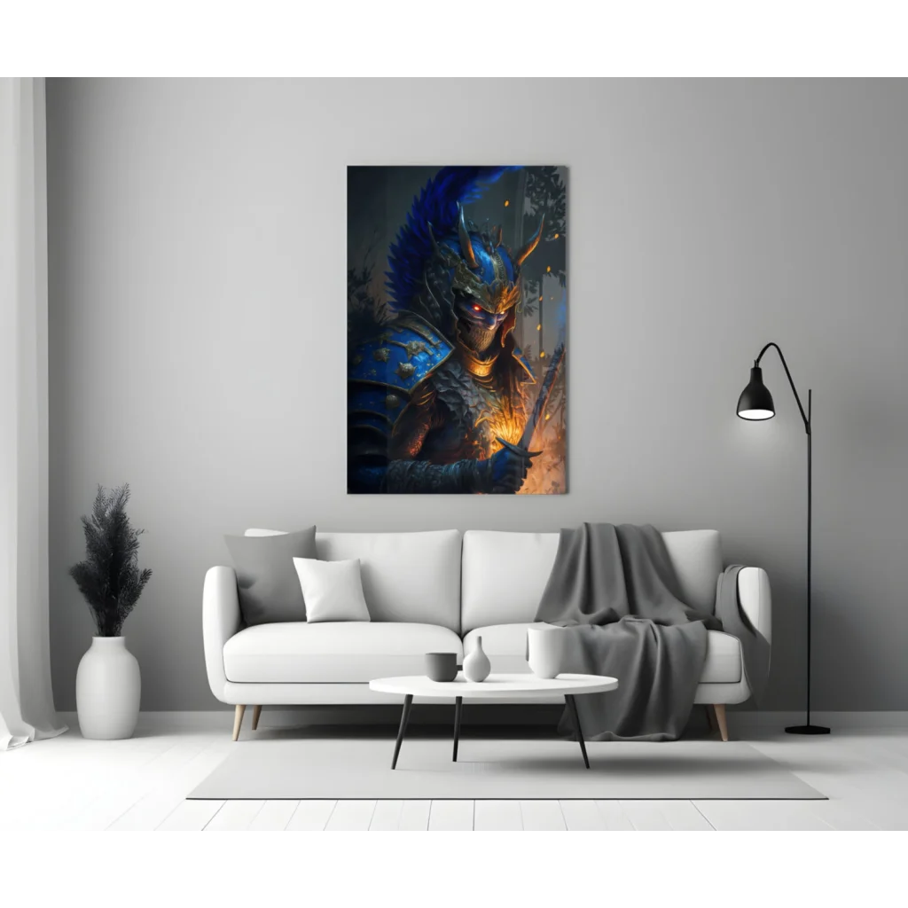 Epic Blue Warrior Glass Wall Art With Glowing Red Eyes | Modern Wall Art Decor | vintageantiquesgifts.com