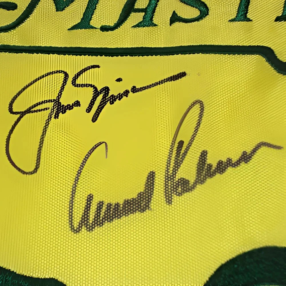 Yellow Masters pin flag with green text and 16 champions signatures