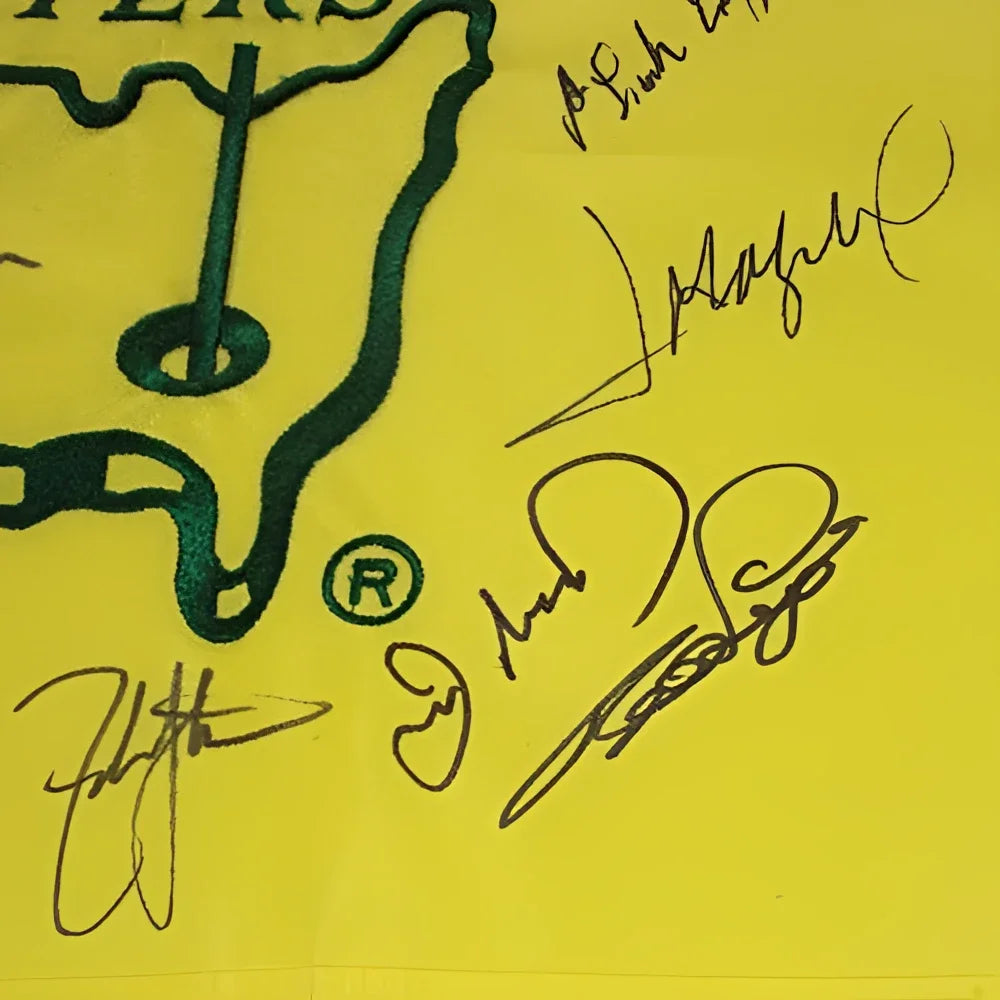 Masters champions signed pin flag with 16 autographs and yellow golf flag design