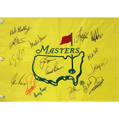 Masters pin flag with 16 signed autographs, yellow design and USA outline