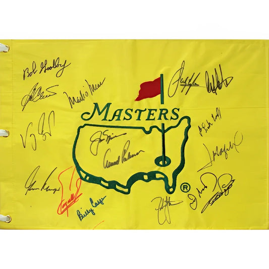 Masters pin flag with 16 signed autographs, yellow design and USA outline